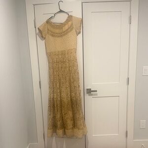 Gold Embroidered Cap-Sleeve Evening Dress Indian Style Dress